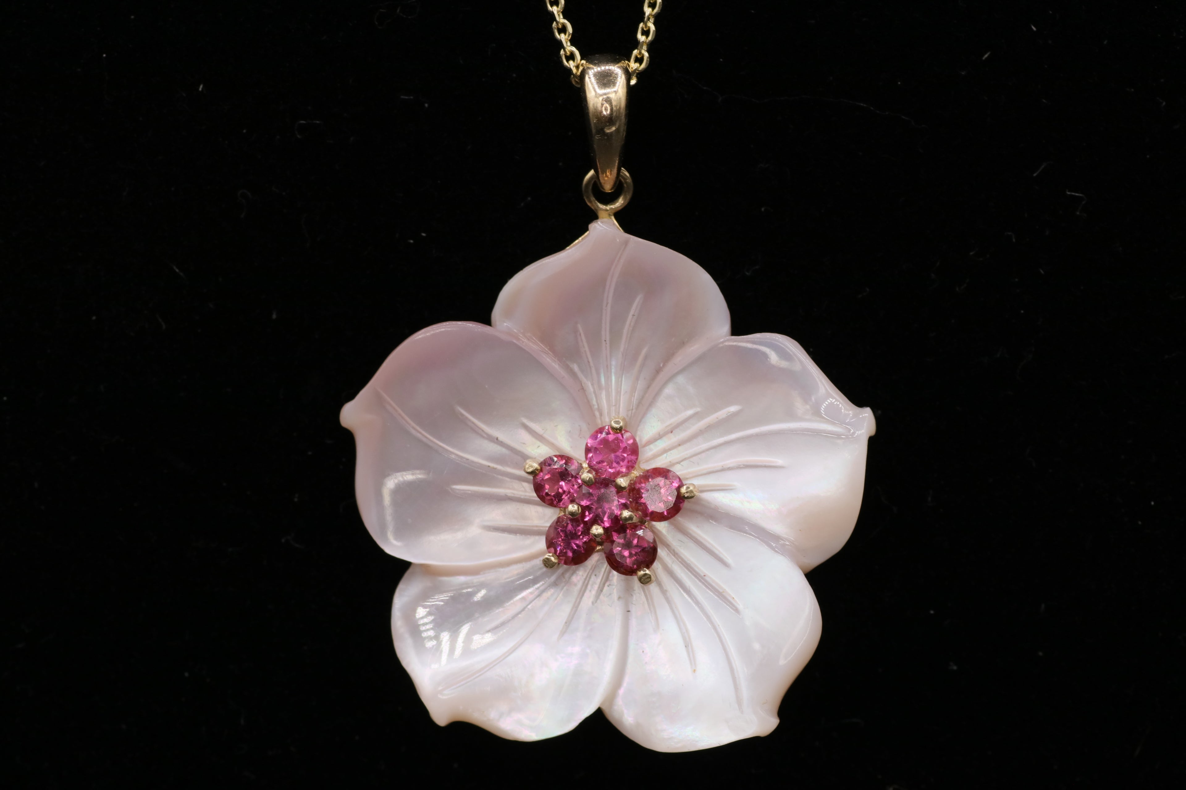 14k Yellow Gold Six Pink Tourmaline and Mother of Pearl necklace