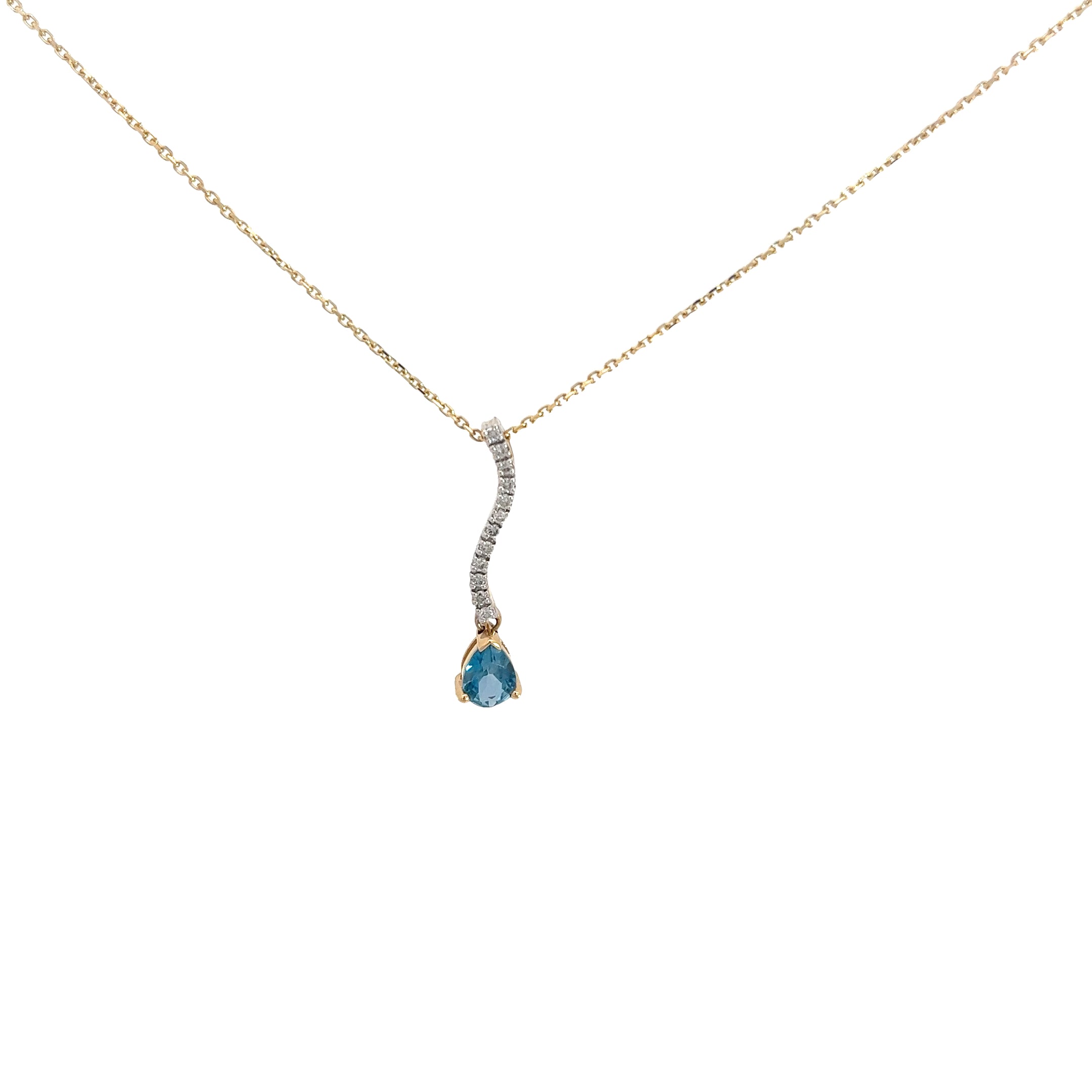 14k Yellow gold 1.00ct Pear Shaped Blue Zircon and .13ct G SI1 Round Diamond  Necklace