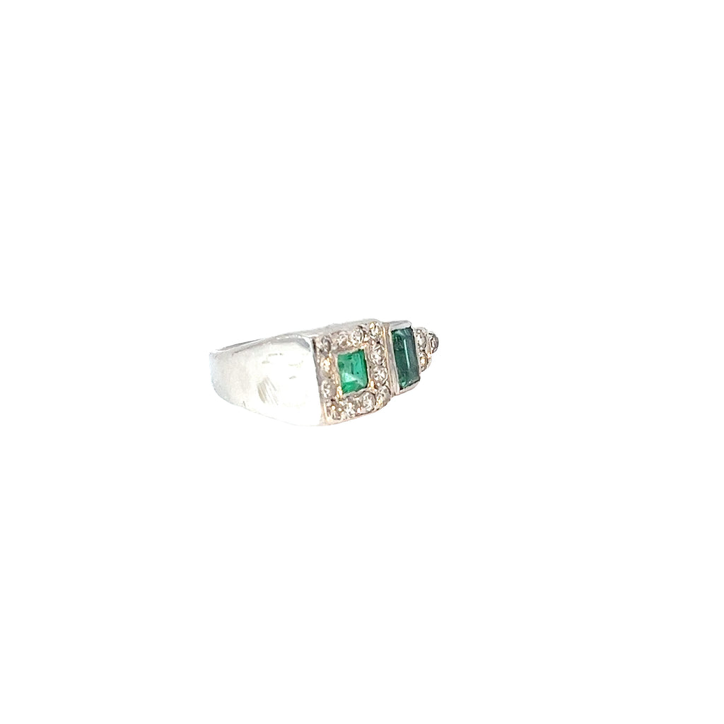 Platinum Emerald Shape and Princess Cut  Emerald and Round Diamond Ring