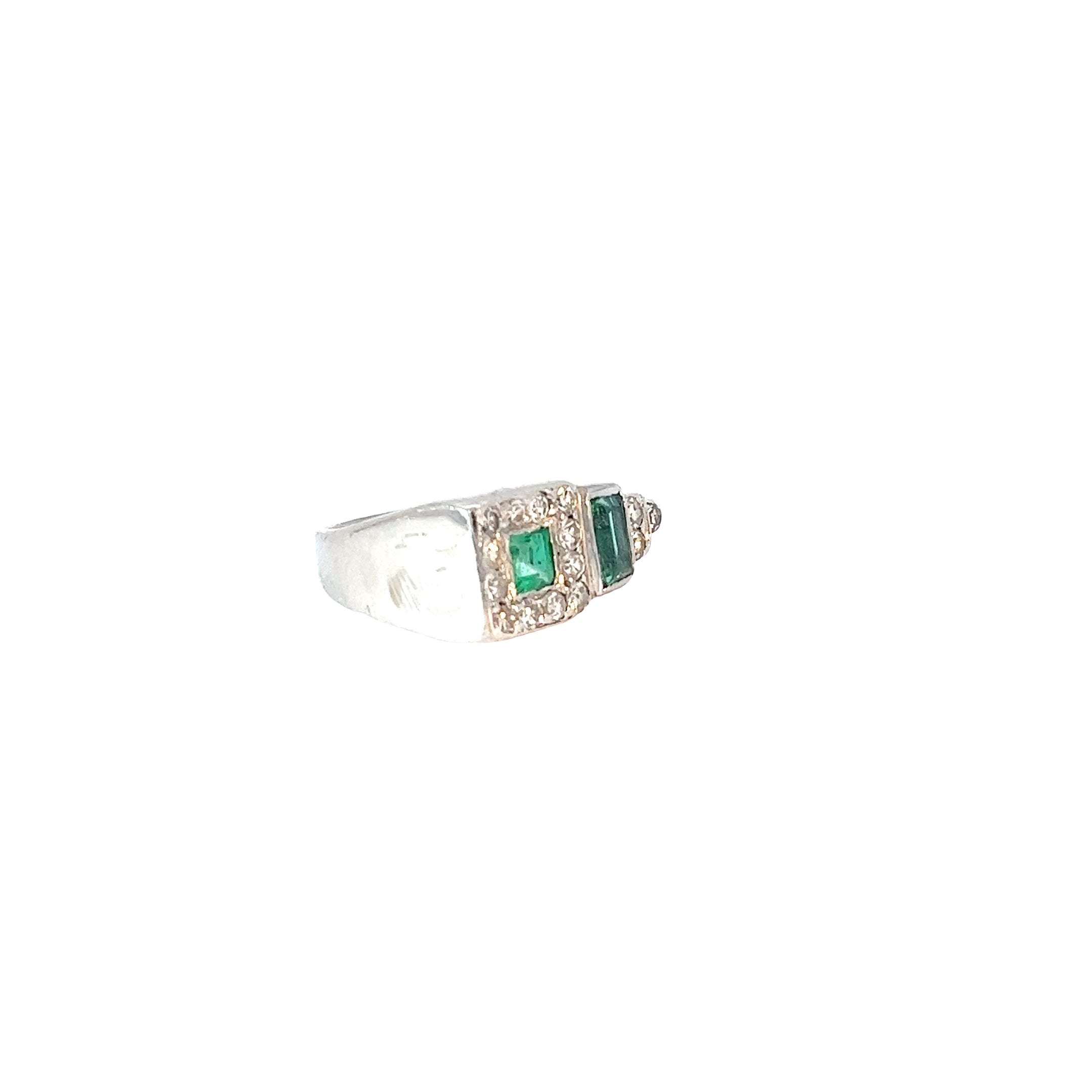 Platinum Emerald Shape and Princess Cut  Emerald and Round Diamond Ring