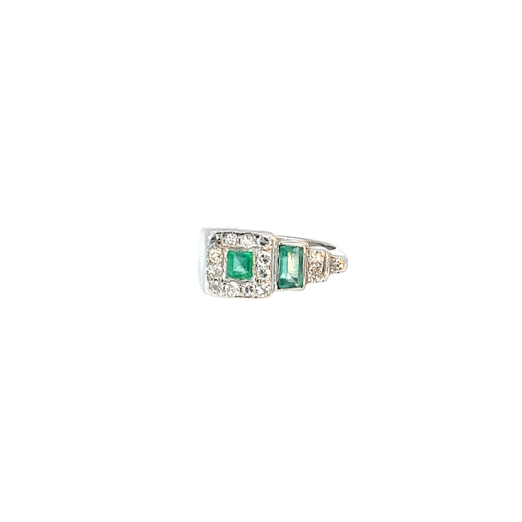 Platinum Emerald Shape and Princess Cut  Emerald and Round Diamond Ring
