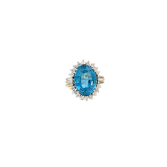 18k Two Toned 5.00ct Oval Shape Blue Topaz and 1.00ct F VS2 Round and Baguette Diamond Shape  Vintage Ring