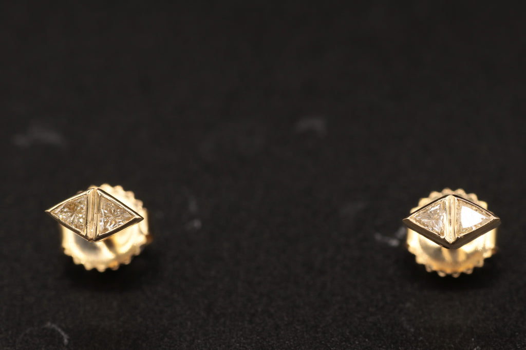 Ladies 14k yellow gold Trillion shaped Diamond stud earrings