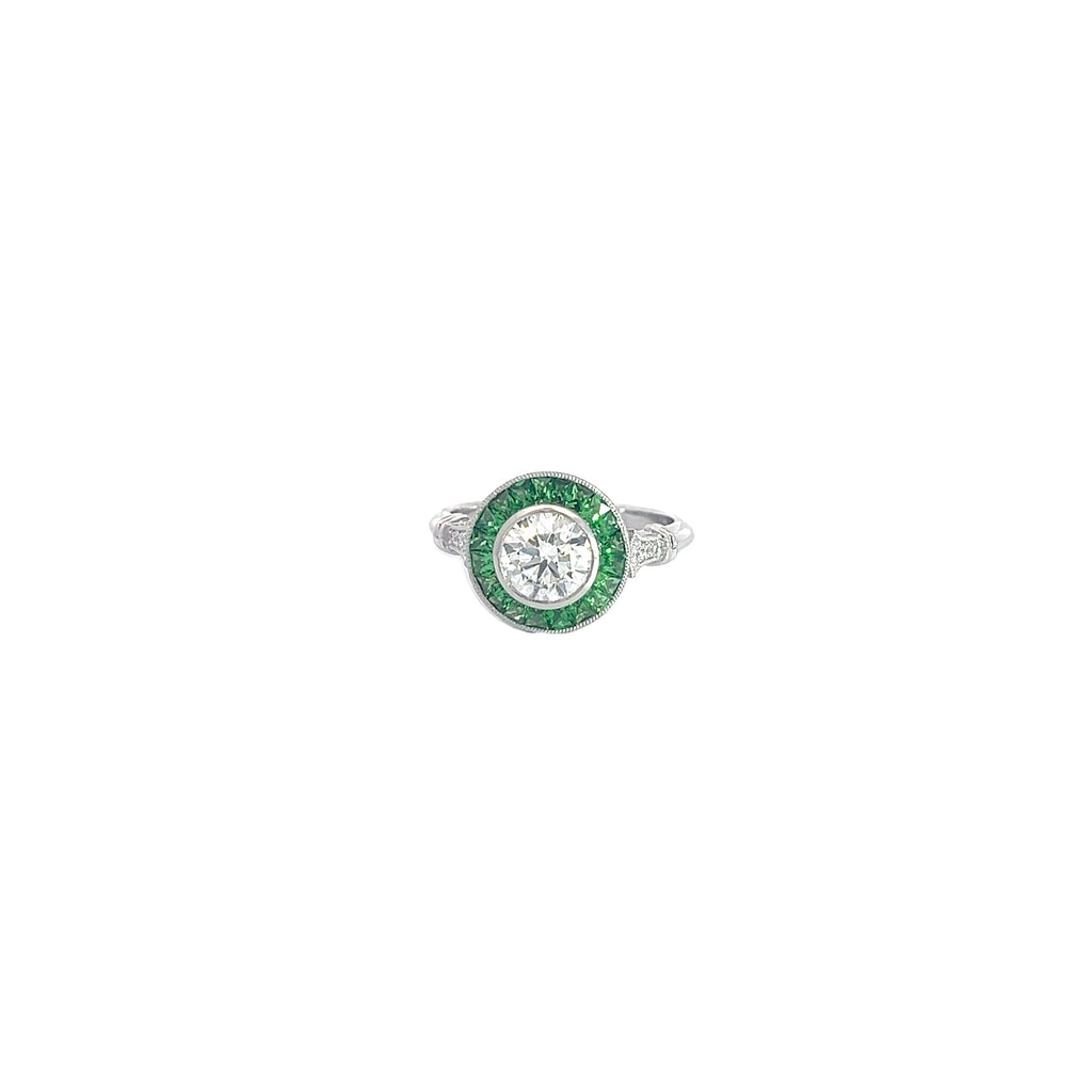 PLATINUM 1.00ct I SI2 Round Diamond Center Stone , .70ct Princess Cut Tsavorite on the halo and  along the band .06ct  Round Diamond Certified by GIA #7453028986