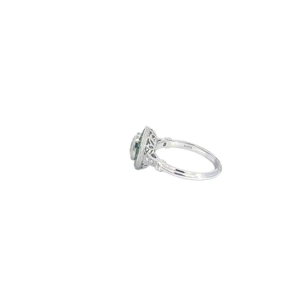 PLATINUM 1.00ct I SI2 Round Diamond Center Stone , .70ct Princess Cut Tsavorite on the halo and  along the band .06ct  Round Diamond Certified by GIA #7453028986
