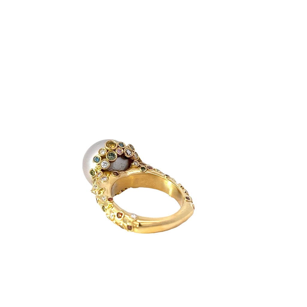18k Yellow Gold 2.00ct G VS2 Round Multi Color Diamond / Coral Reef Pearl Inspired 13.5mm Ring Certified BY GIA #1186592896