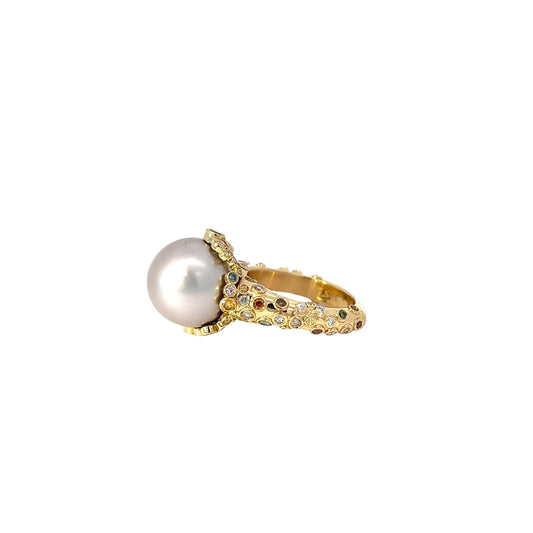 18k Yellow Gold 2.00ct G VS2 Round Multi Color Diamond / Coral Reef Pearl Inspired 13.5mm Ring Certified by GIA #1186592896