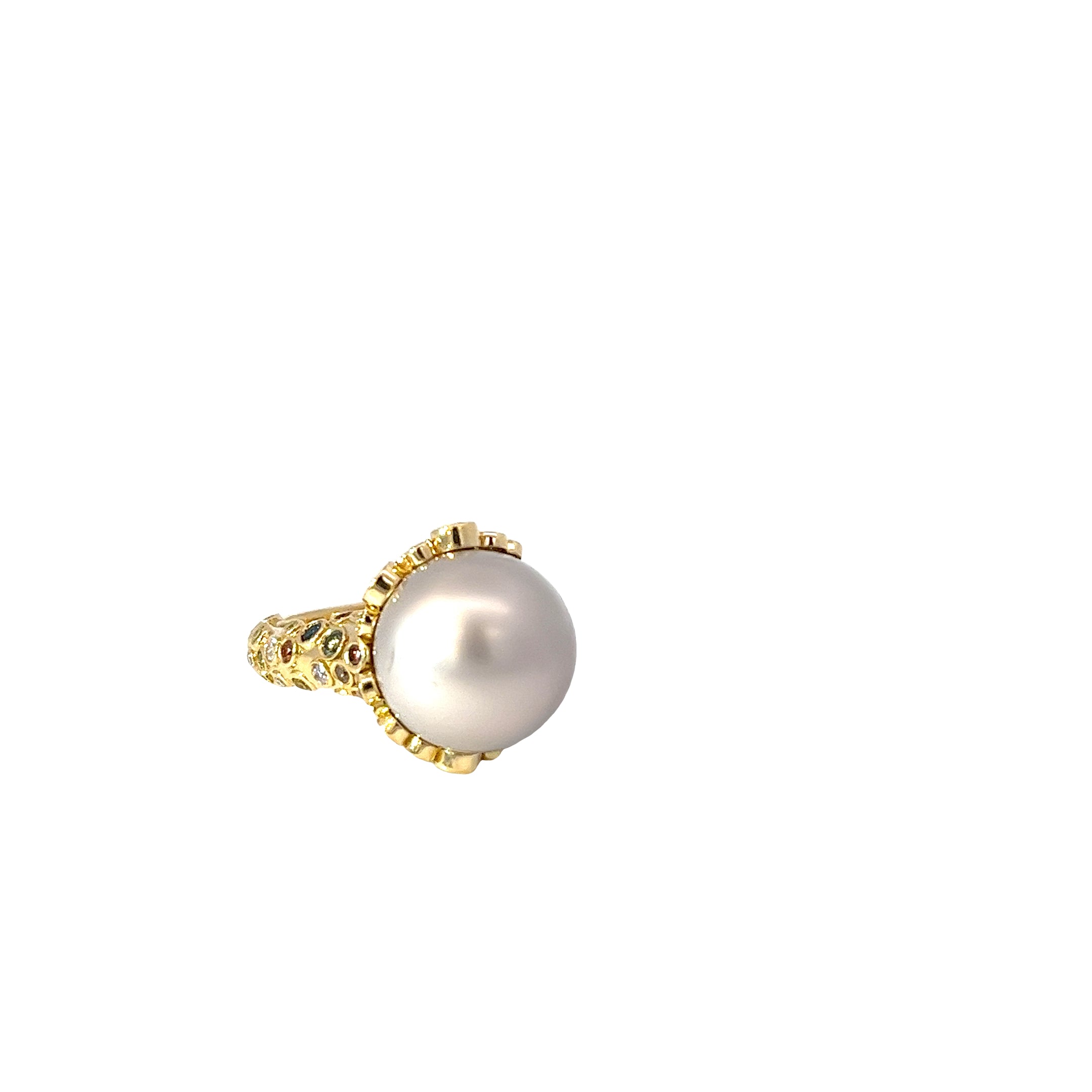 18k Yellow Gold 2.00ct G VS2 Round Multi Color Diamond / Coral Reef Pearl Inspired 13.5mm Ring Certified BY GIA #1186592896