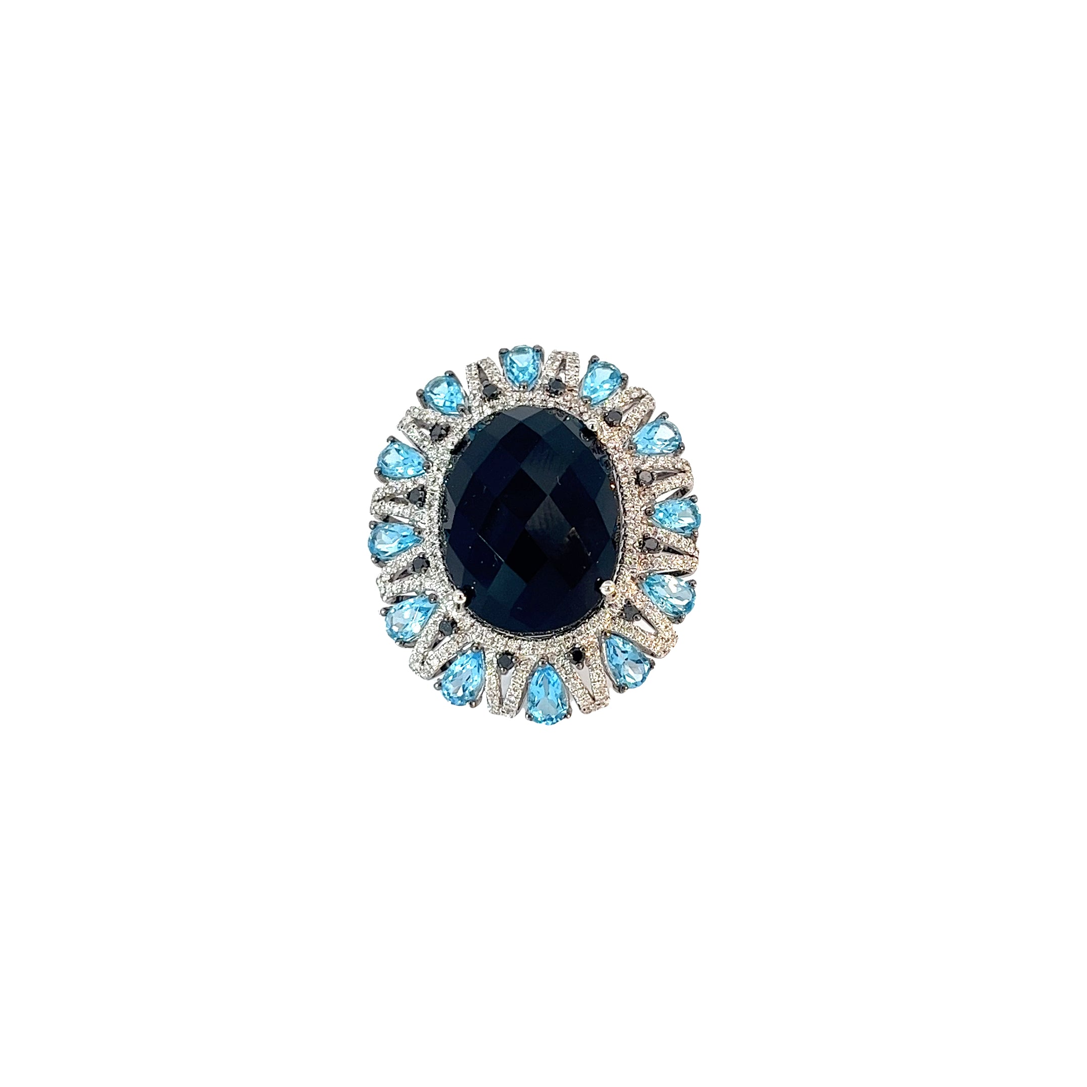 18k White Gold 18.00ct Oval shaped Onyx/ 3.00ct Pear Shaped Blue Topaz and .75ct G VS1 Round Diamond Ring