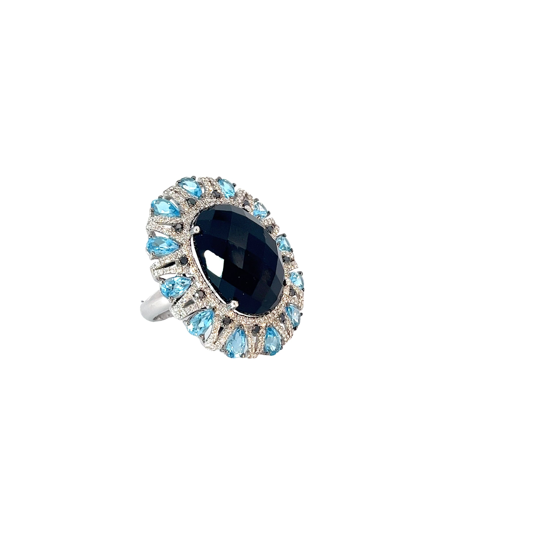 18k White Gold 18.00ct Oval shaped Onyx/ 3.00ct Pear Shaped Blue Topaz and .75ct G VS1 Round Diamond Ring