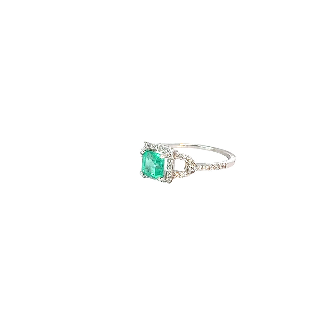 14k White Gold .85ct AA Emerald Asscher Cut /.50ct G SI1 Round Diamond Ring