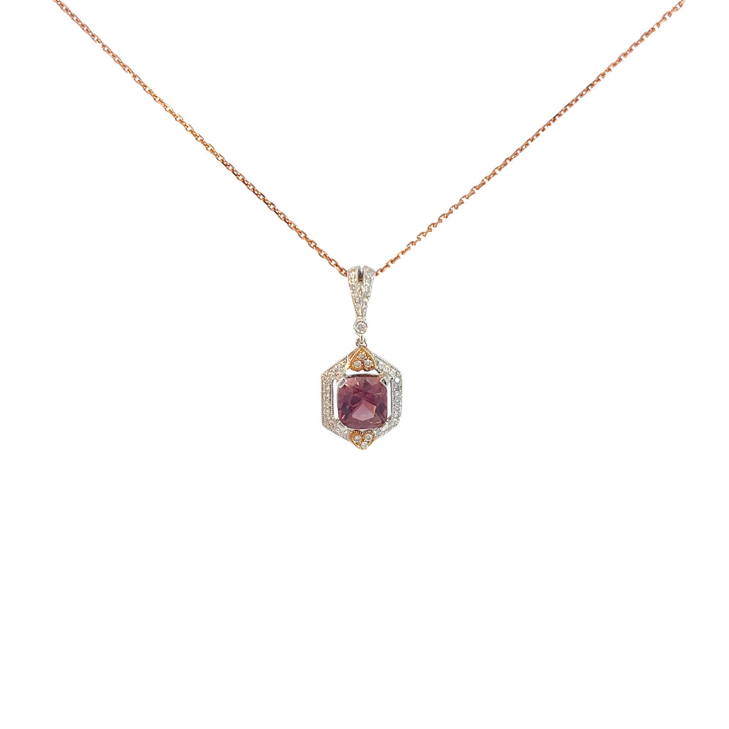 18k Rose Gold 1.60ct Pink Tourmaline and .25ct G VS2 Round Diamond Necklace