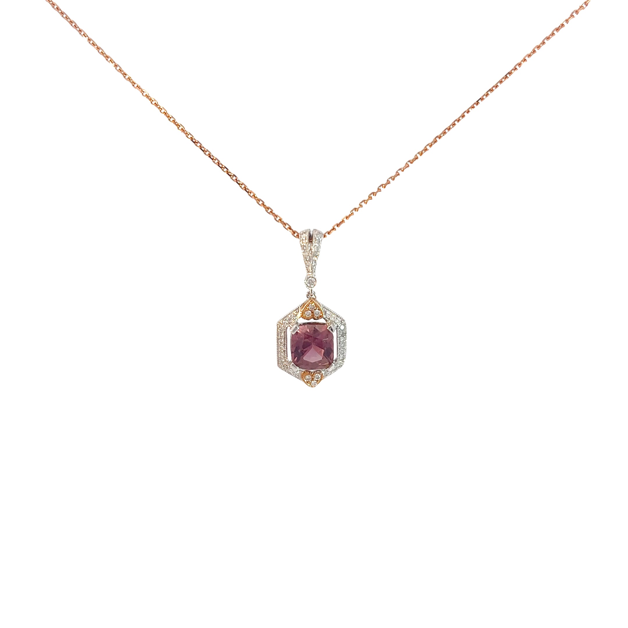 18k Rose Gold 1.60ct Pink Tourmaline and .25ct G VS2 Round Diamond Necklace