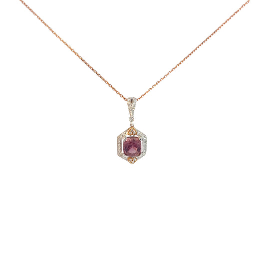 18k Rose Gold 1.60ct Pink Tourmaline and .25ct G VS2 Round Diamond Necklace
