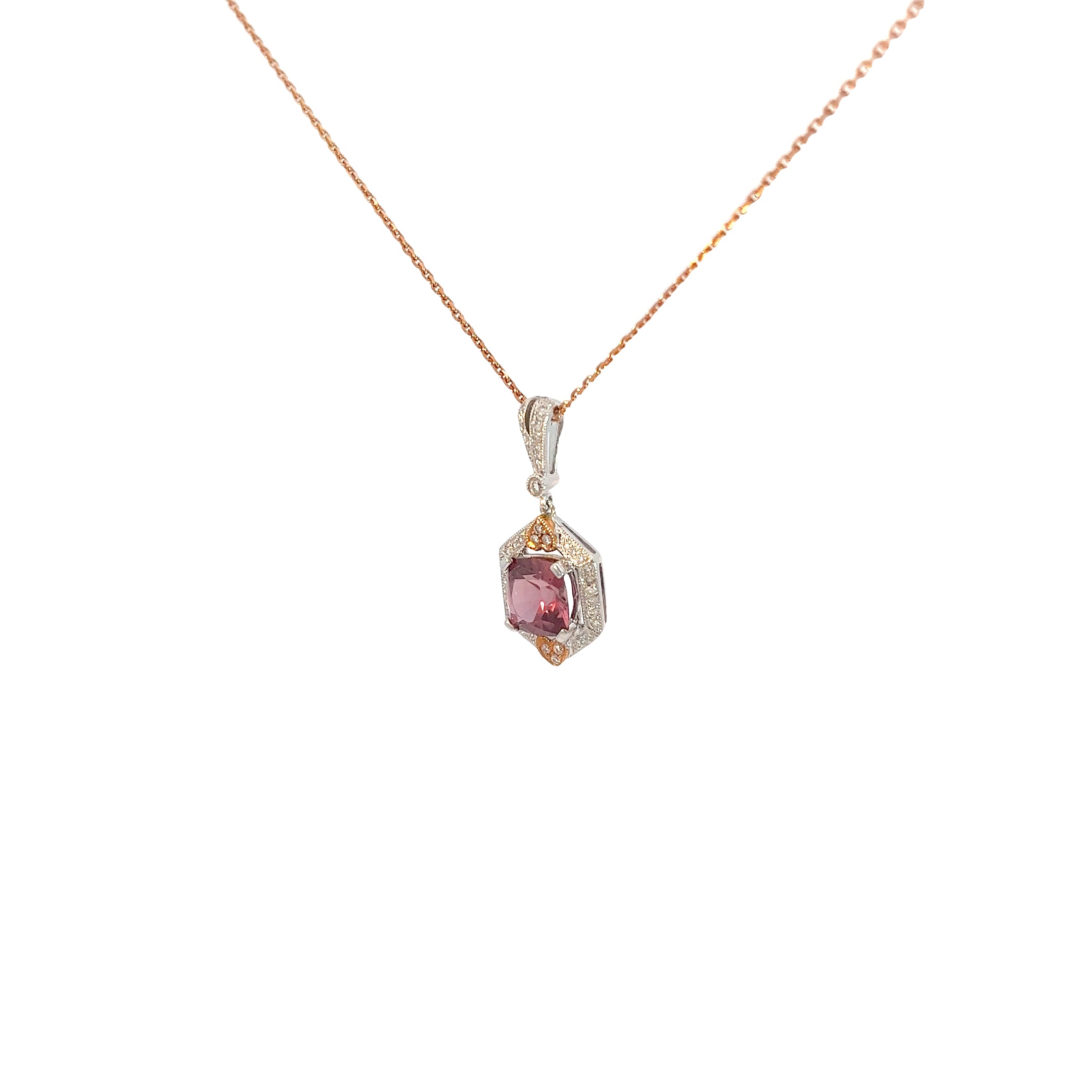 18k Rose Gold 1.60ct Pink Tourmaline and .25ct G VS2 Round Diamond Necklace