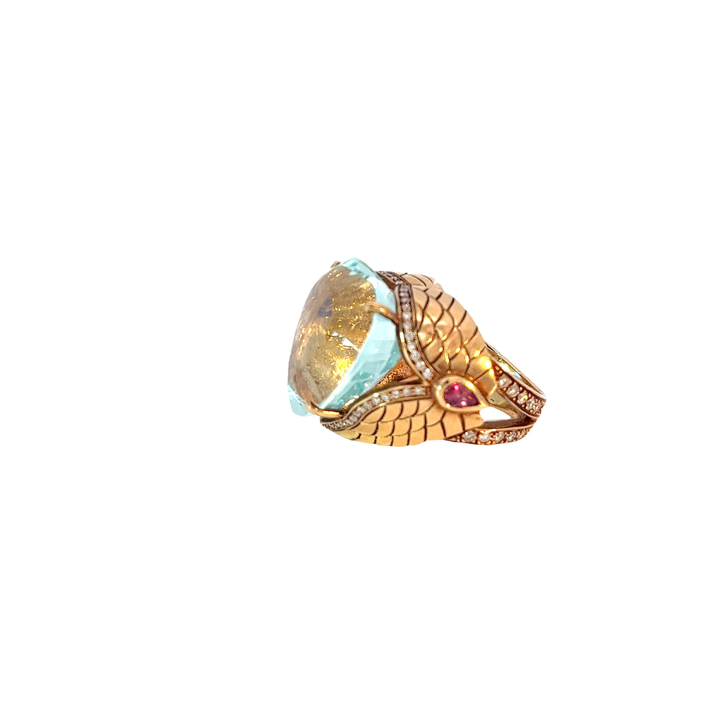 18k Rose Gold 27.65ct  Heart Aquamarine/ .72ct Round G SI1 Round Diamond and .30ct Pear Shaped Ruby Ring Certified By GIA # 2181851460