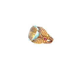 18k Rose Gold 27.65ct  Heart Aquamarine/ .72ct Round G SI1 Round Diamond and .30ct Pear Shaped Ruby Ring Certified By GIA # 2181851460