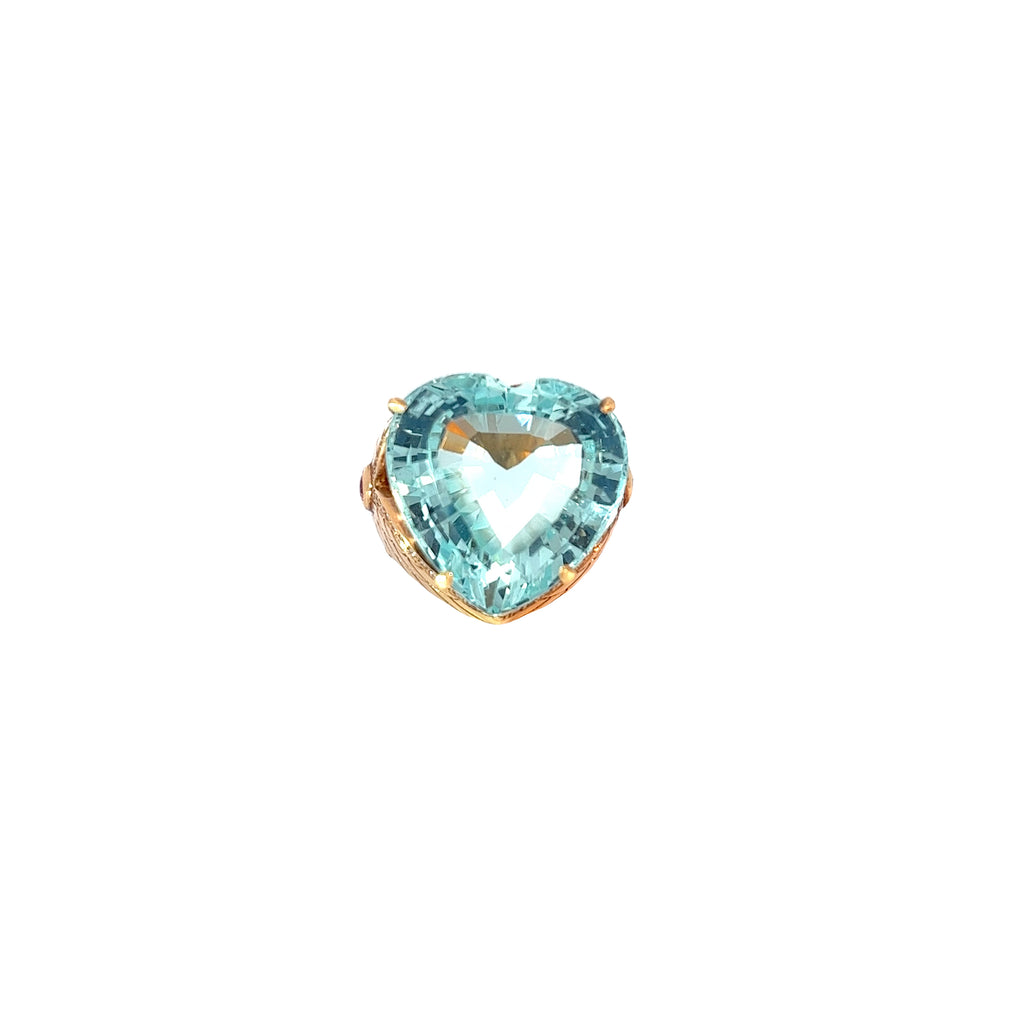 18k Rose Gold 27.65ct  Heart Aquamarine/ .72ct Round G SI1 Round Diamond and .30ct Pear Shaped Ruby Ring Certified By GIA # 2181851460