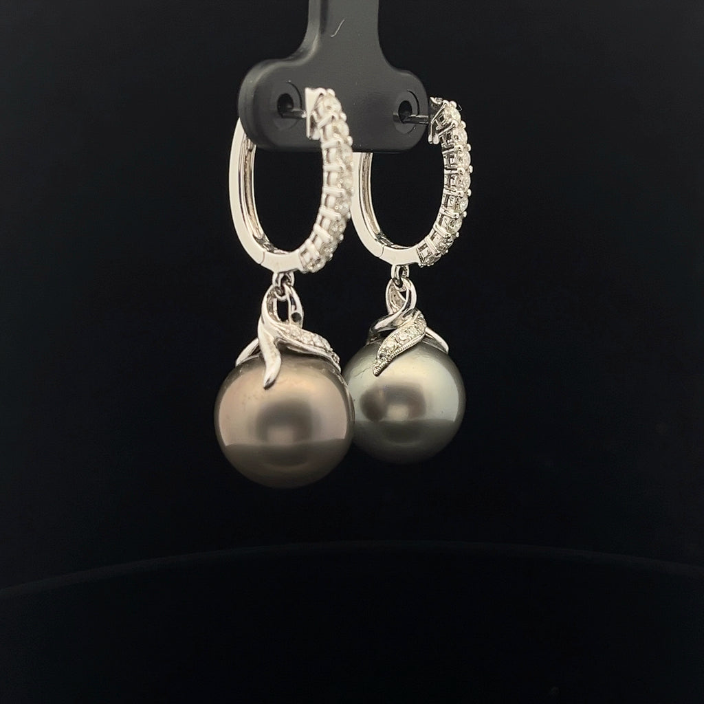 18k White Gold .75ct F VS2 Diamond and Tahitian 18mm Pearl Drop Earrings