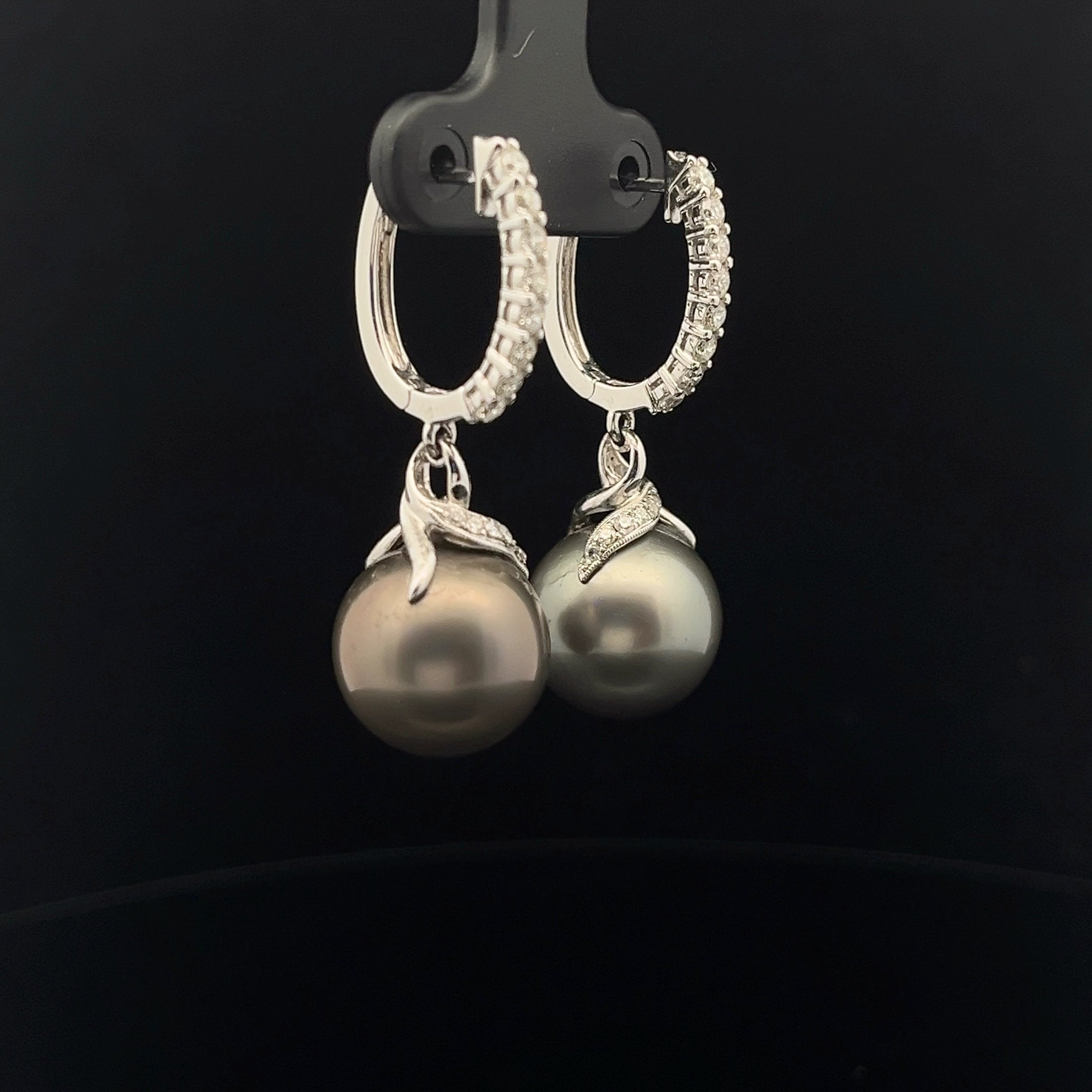 18k White Gold .75ct F VS2 Diamond and Tahitian 18mm Pearl Drop Earrings