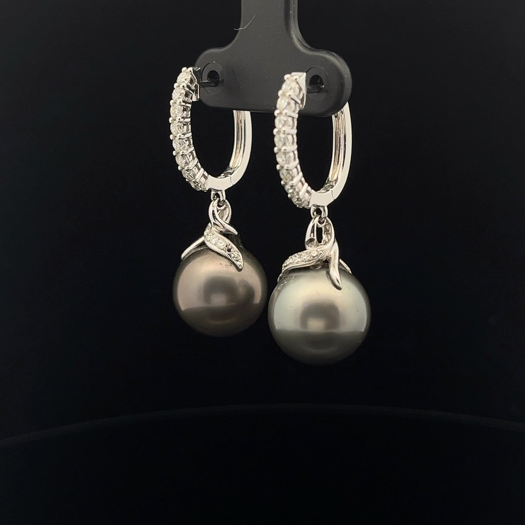 18k White Gold .75ct F VS2 Diamond and Tahitian 18mm Pearl Drop Earrings
