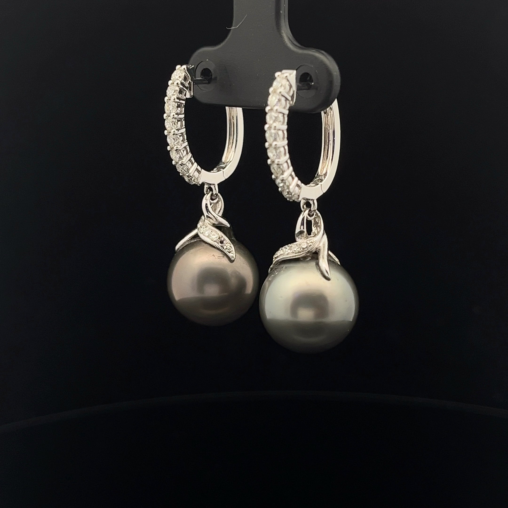 18k White Gold .75ct F VS2 Diamond and Tahitian 18mm Pearl Drop Earrings
