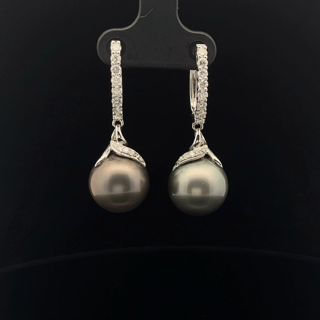 18k White Gold .75ct F VS2 Diamond and Tahitian 18mm Pearl Drop Earrings