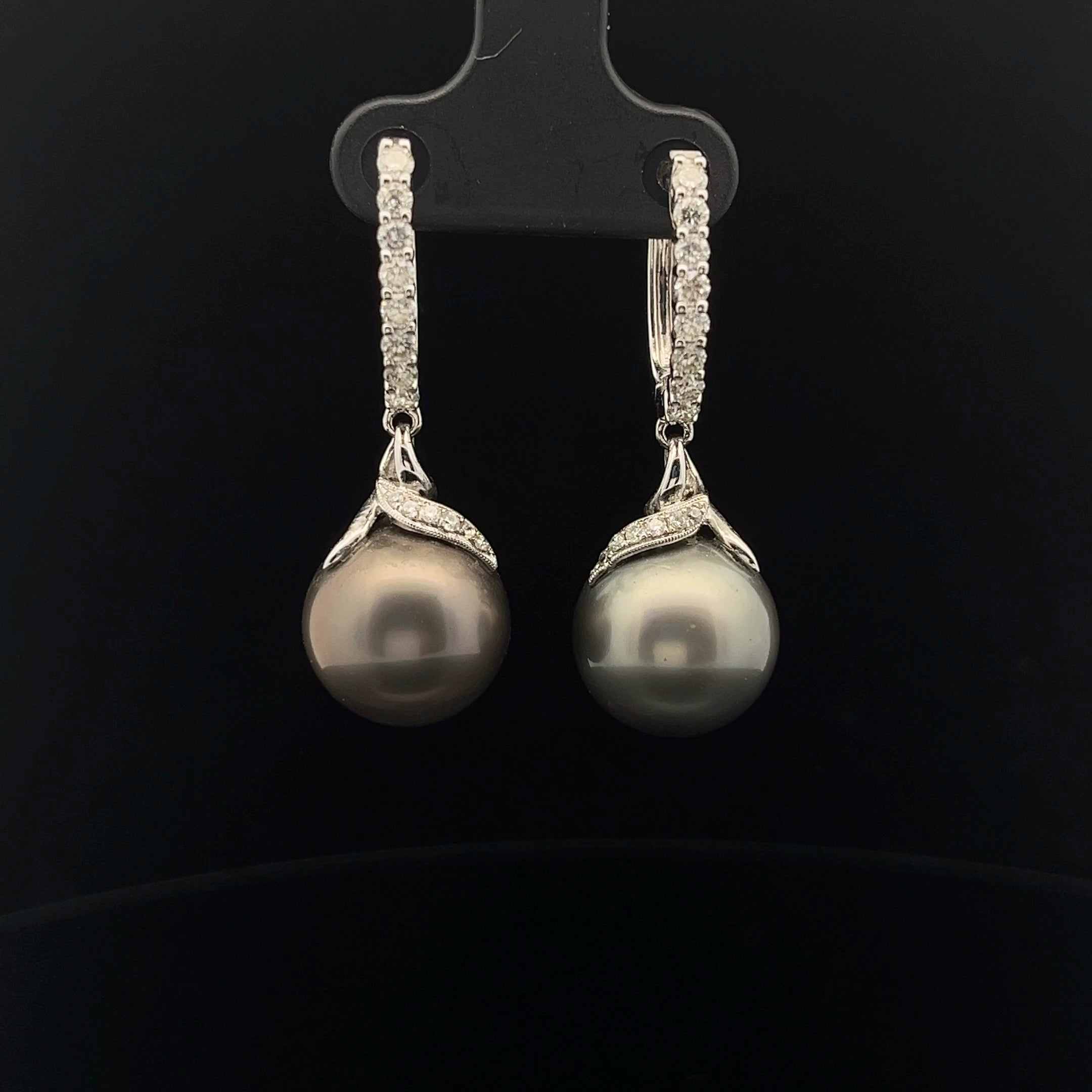 18k White Gold .75ct F VS2 Diamond and Tahitian 18mm Pearl Drop Earrings