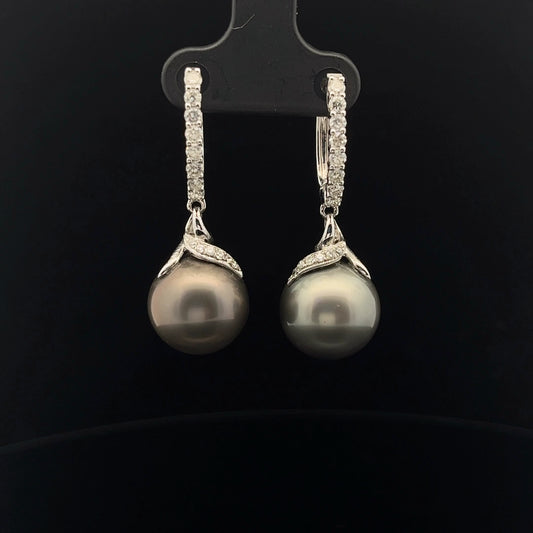 18k White Gold .75ct F VS2 Diamond and Tahitian 18mm Pearl Drop Earrings