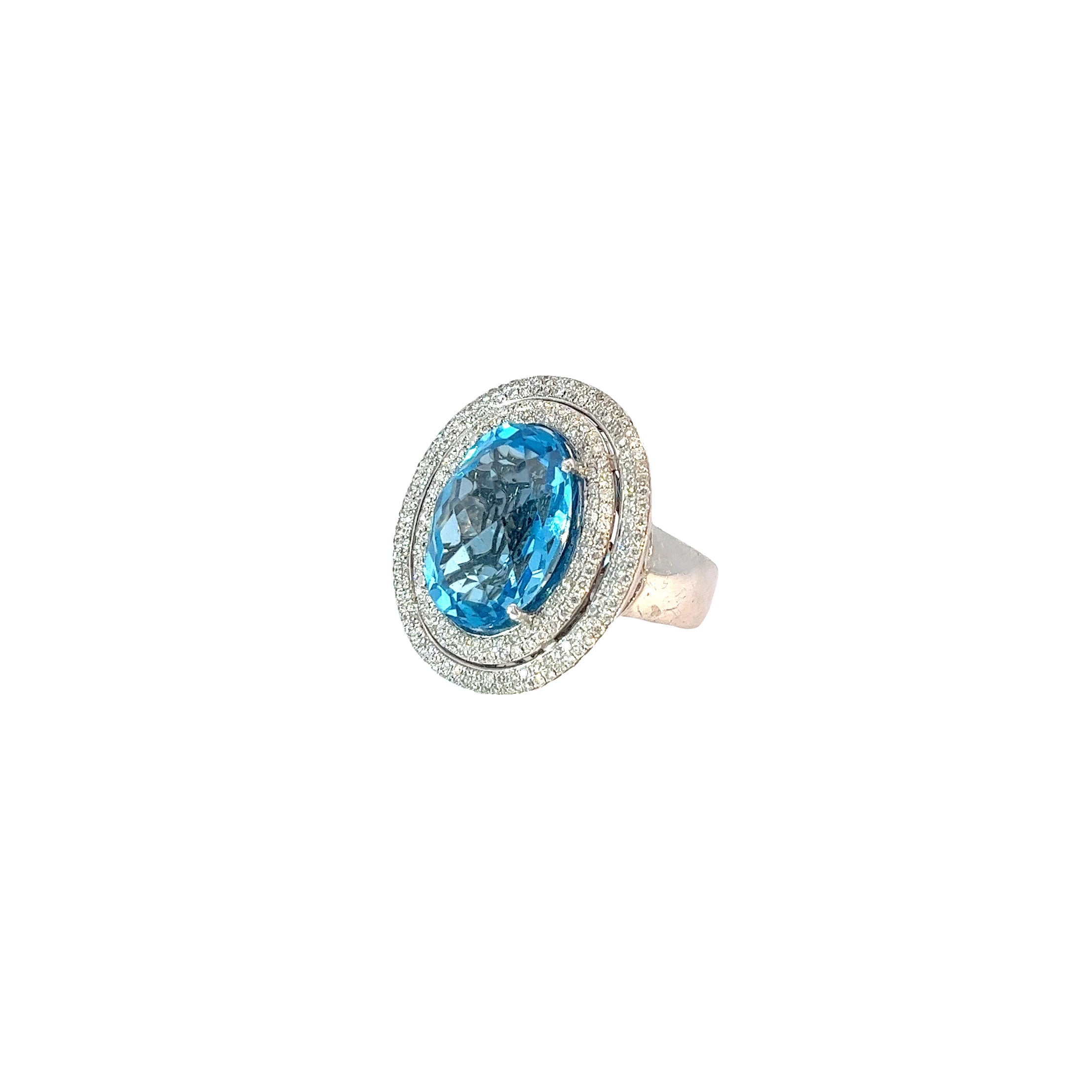 14k White Gold 8.00ct Oval Shaped Blue Topaz and 1.00ct F VS2 Round Diamond Ring
