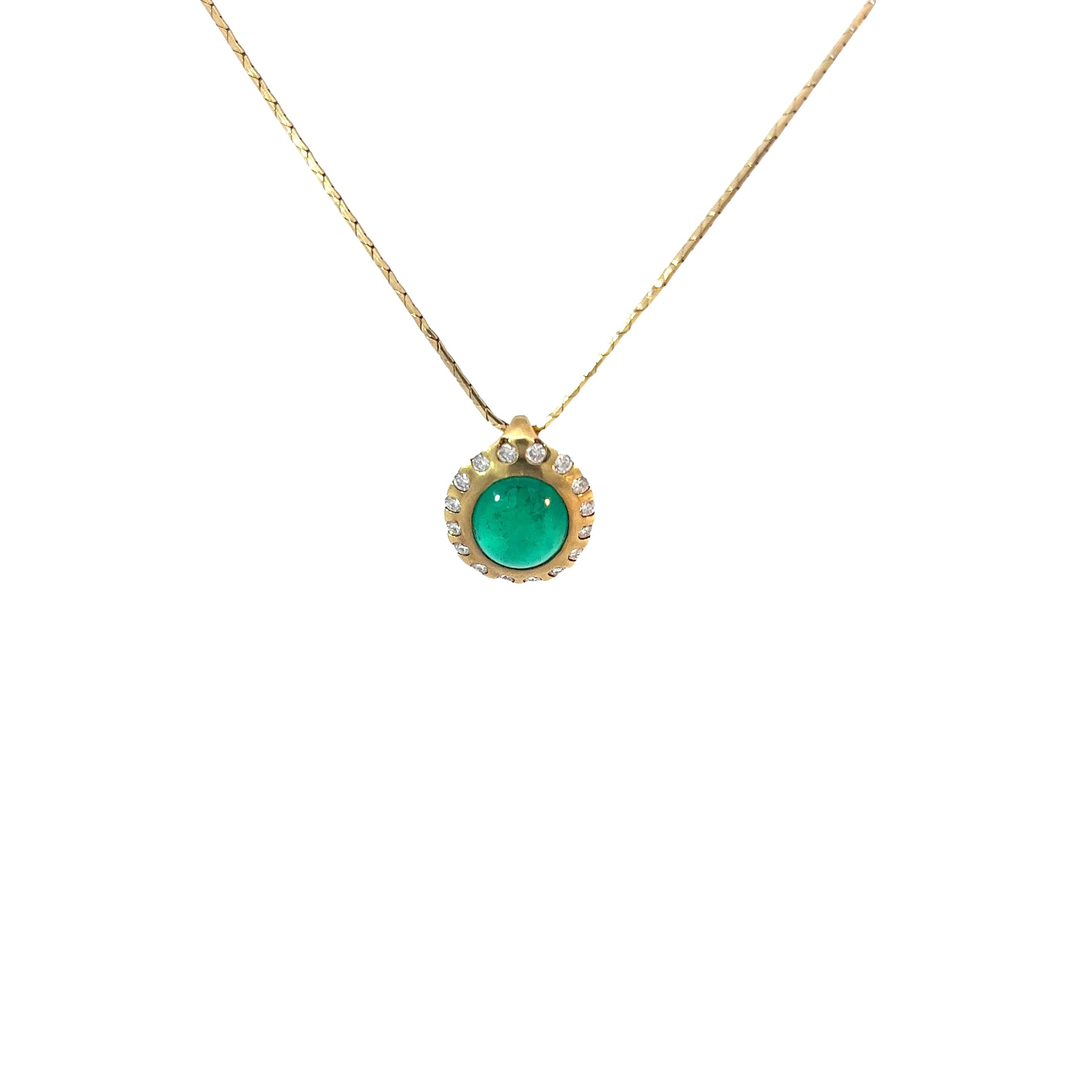 18k Yellow Gold 3.20ct Cabochon Cut Emerald / .40ct F VS2 Round Diamond Necklace