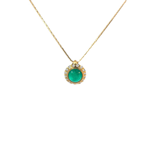 18k Yellow Gold 3.20ct Cabochon Cut Emerald / .40ct F VS2 Round Diamond Necklace