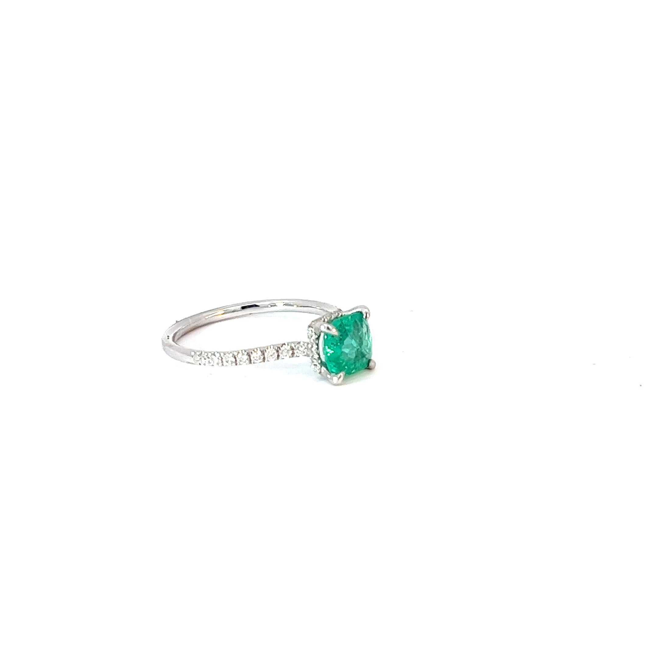 18k White Gold 1.05ct Cushion Colombia Emerald and .24ct F VS2 Round Diamond Ring Certified By GIA # 5181462640
