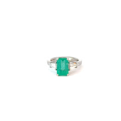 18k White Gold 3.00ct Colombian Emerald and along the band .60ct VS2 Round Diamond Ring