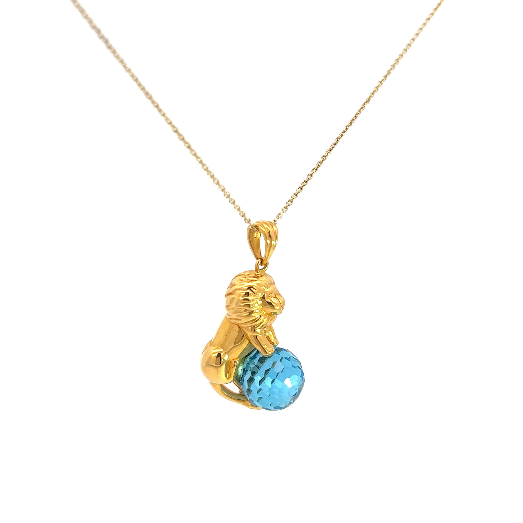 14k Yellow Gold Lion Necklace with Blue Topaz Ball