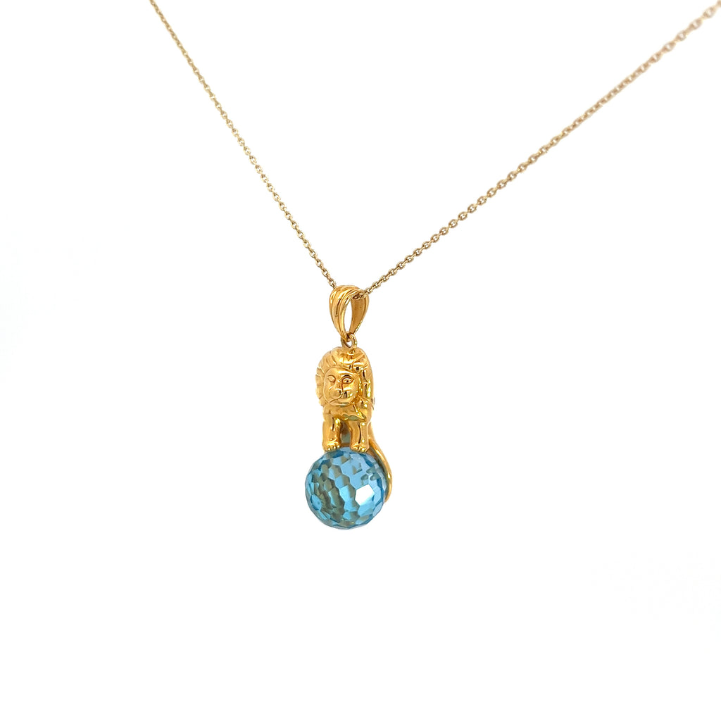 14k Yellow Gold Lion Necklace with Blue Topaz Ball