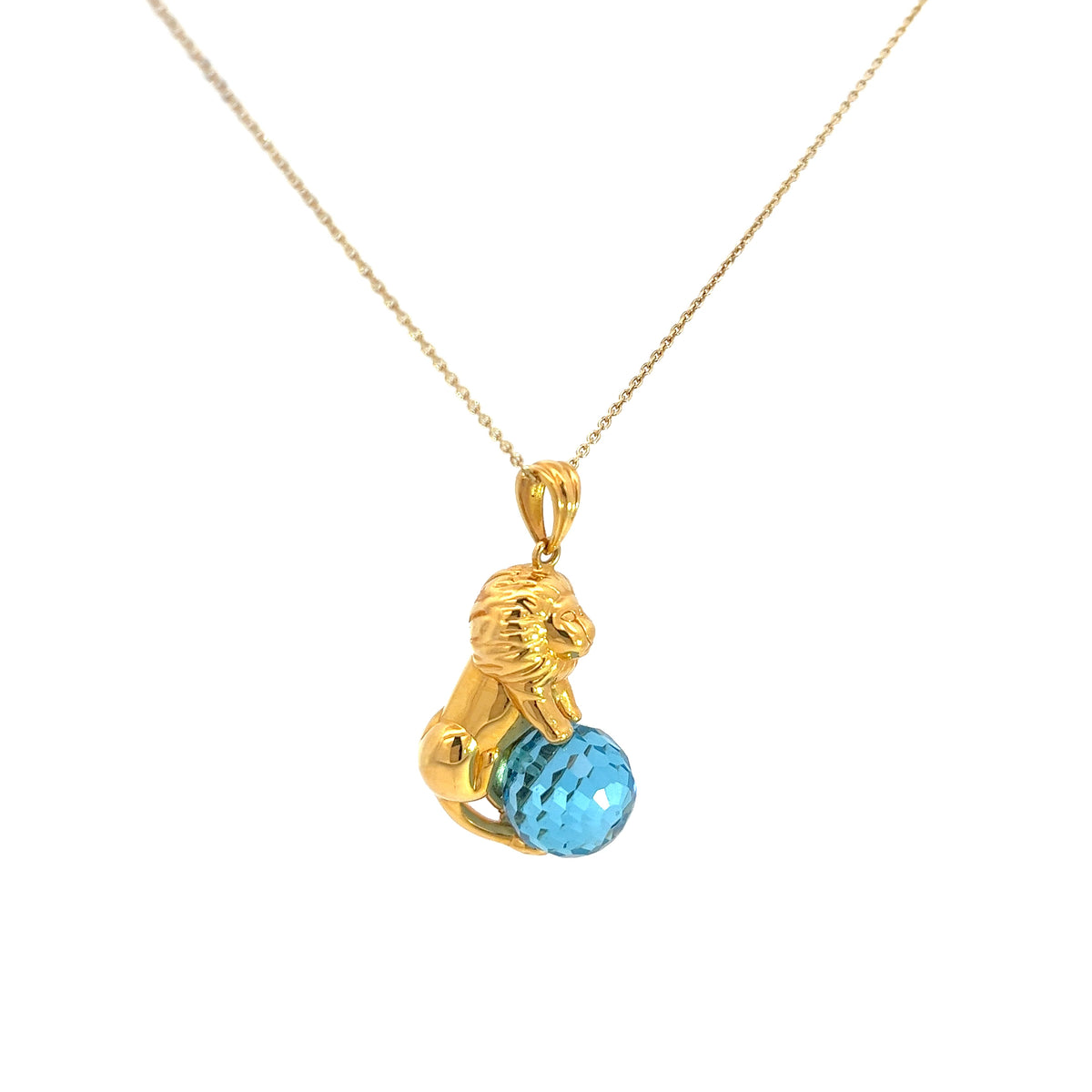 Ladies 14k Yellow Gold Lion Necklace with Blue Topaz Ball