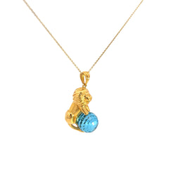 14k Yellow Gold Lion Necklace with Blue Topaz Ball