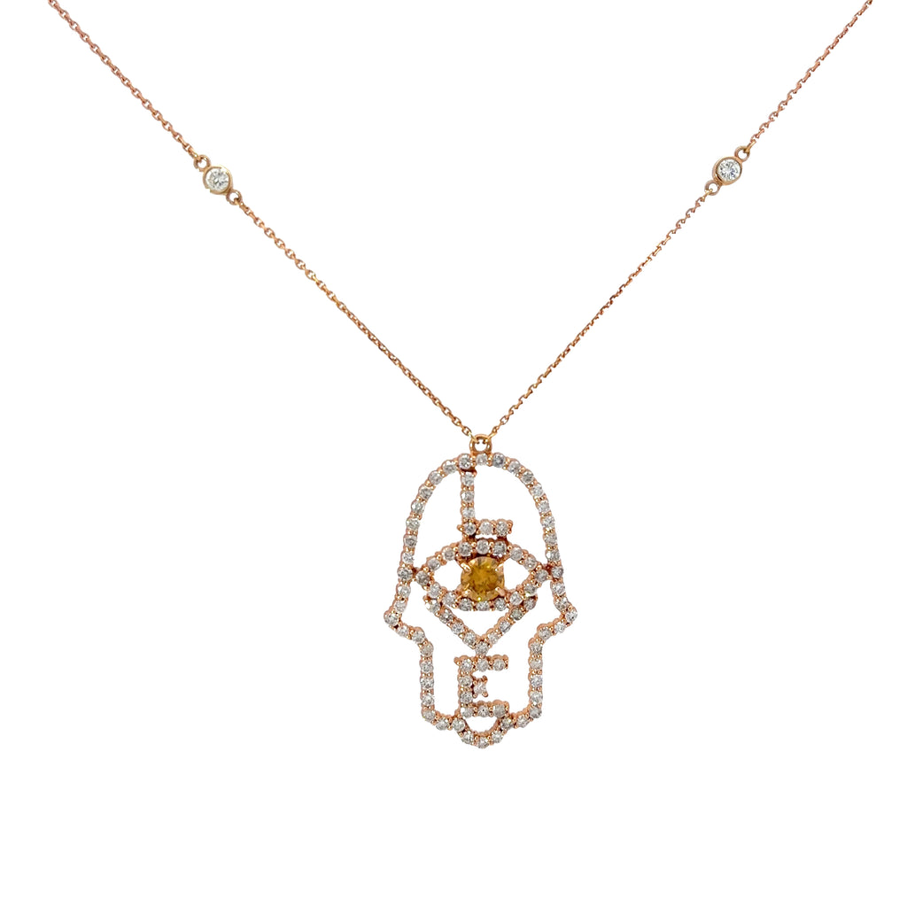 18k Rose Gold 2.25ct H SI1 Round Diamond and .60ct Round Orange Diamond khamsa Necklace