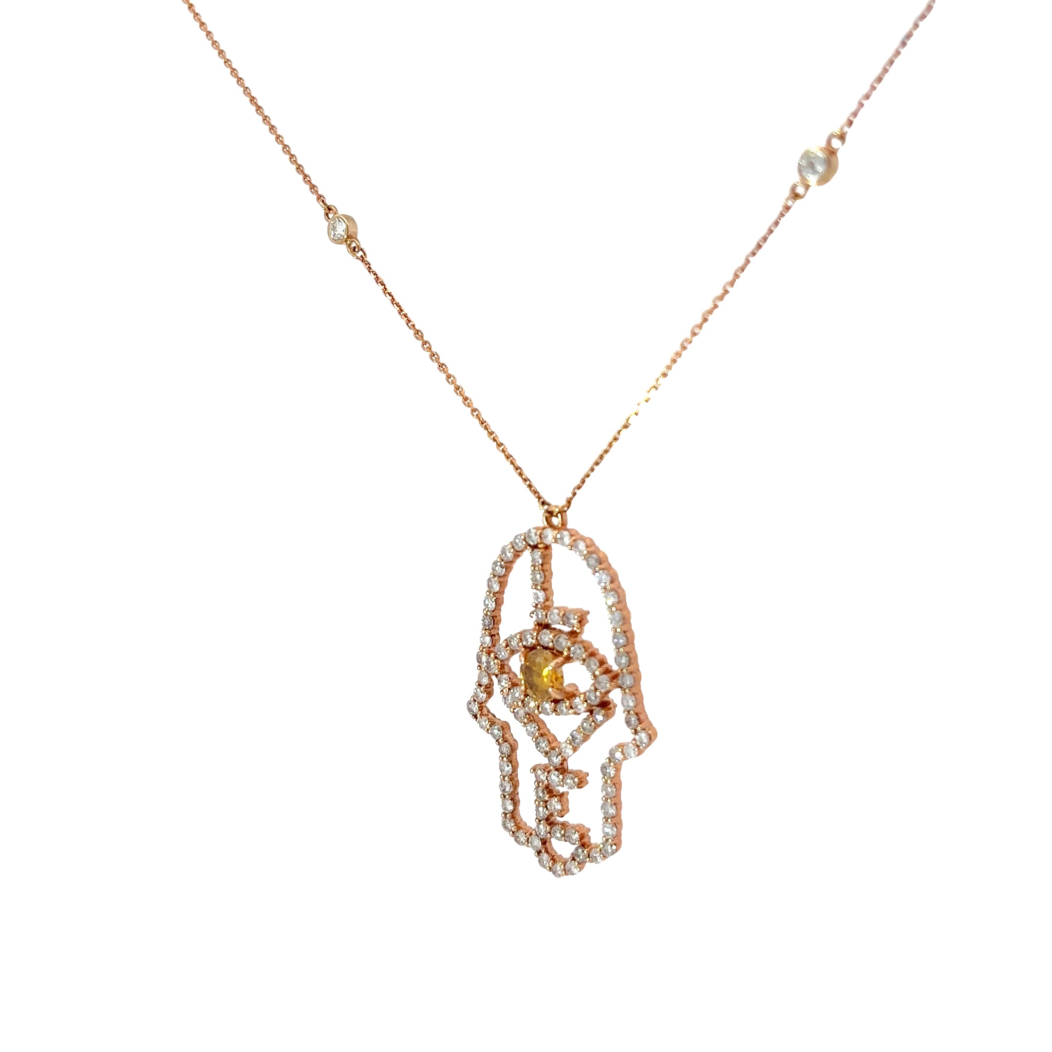 18k Rose Gold 2.25ct H SI1 Round Diamond and .60ct Round Orange Diamond khamsa Necklace
