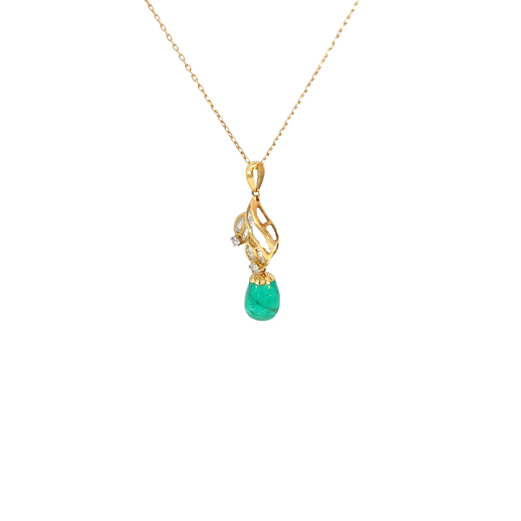 18k Yellow Gold 2.50ct Cut in a Cabochon Style Colombian Emerald/ .38ct F VS2 Total Weight of Round and Baguette Diamond Necklace