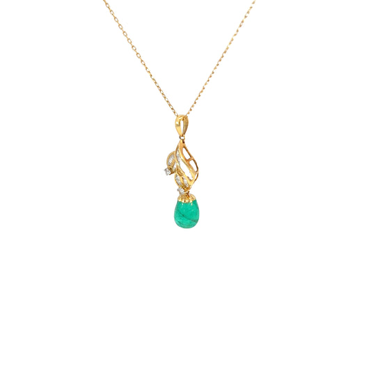 18k Yellow Gold 2.50ct Cut in a Cabochon Style Colombian Emerald/ .38ct F VS2 Total Weight of Round and Baguette Diamond Necklace