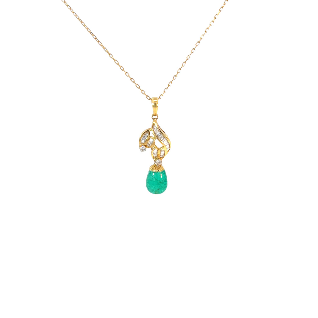 18k Yellow Gold 2.50ct Cut in a Cabochon Style Colombian Emerald/ .38ct F VS2 Total Weight of Round and Baguette Diamond Necklace