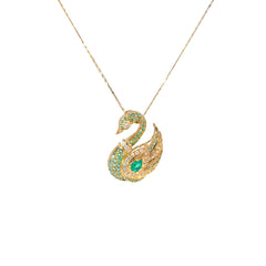 14k Yellow Gold 1.00ct Pear Shaped and Round Emerald and .35ct F VS2 Round and Baguette  Diamond Swan Necklace