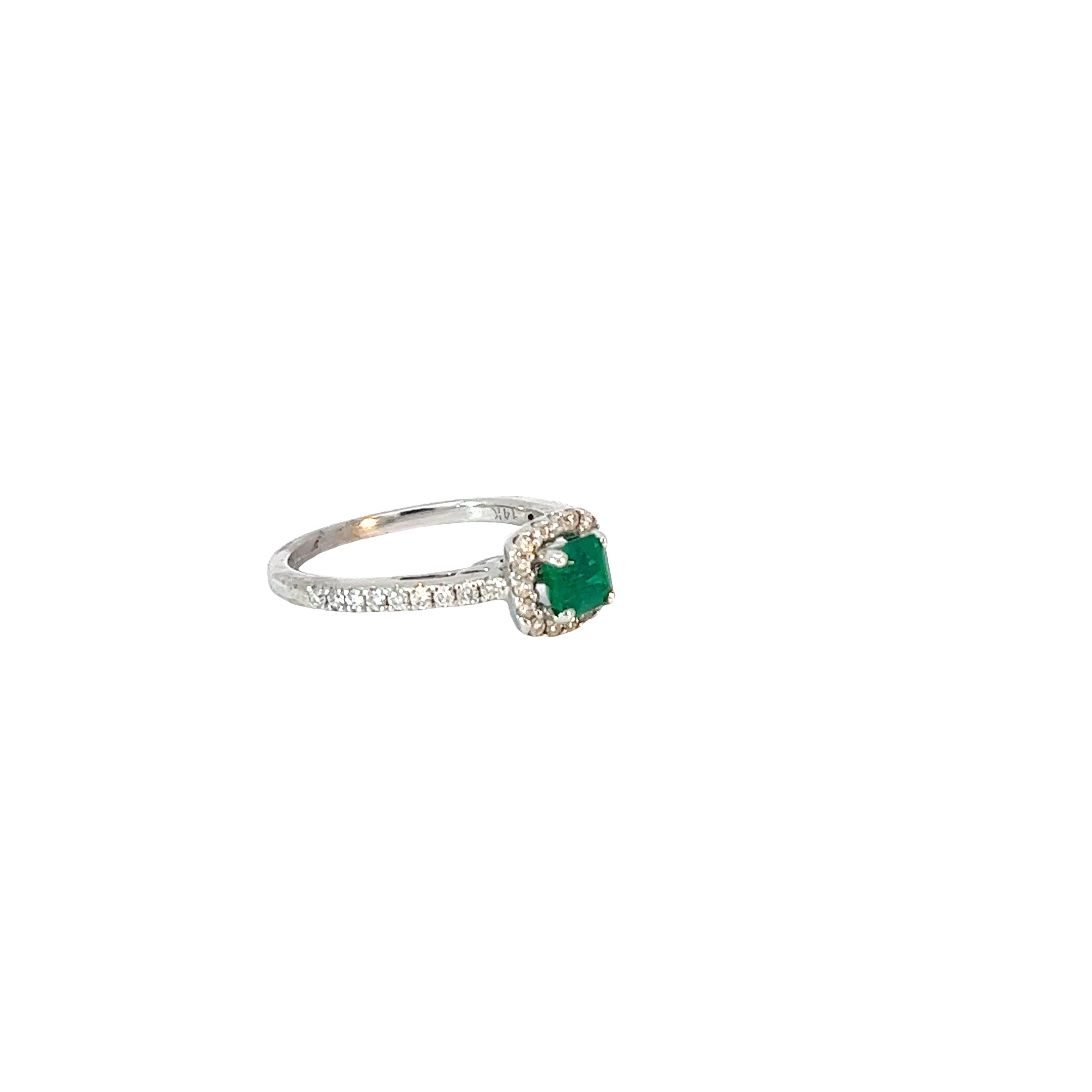 14k White Gold .55ct Cushion Colombian Emerald and .35ct G SI1 Round Diamond Ring