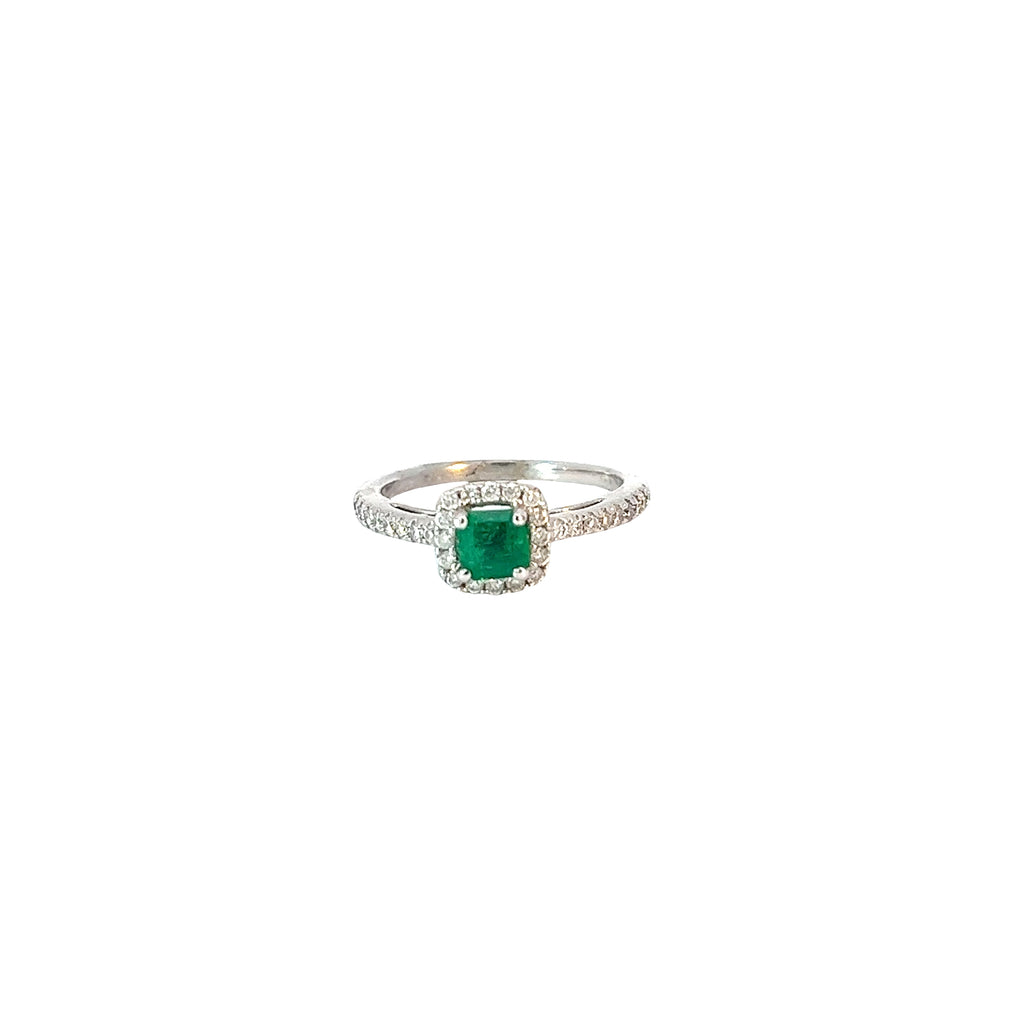 14k White Gold .55ct Cushion Colombian Emerald and .35ct G SI1 Round Diamond Ring