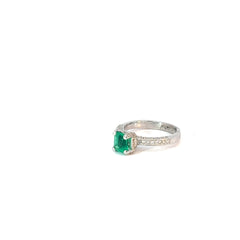 18k White Gold.75ct Princess Cut Columbian Emerald and .40ct G SI1 Round Diamond Ring