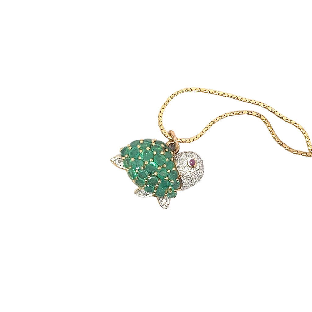 18K Yellow Gold 3.00ct Round Emerald/ .30ct F VS2 Round Diamond and One Ruby Turtle Necklace