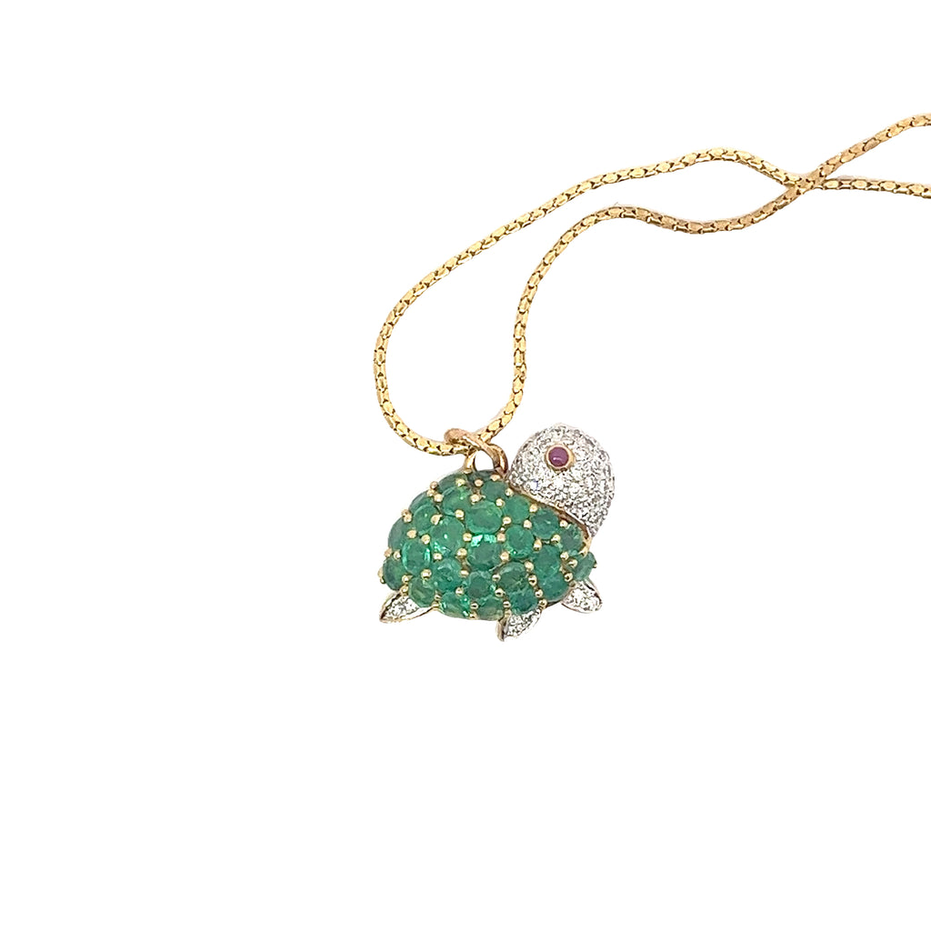 18K Yellow Gold 3.00ct Round Emerald/ .30ct F VS2 Round Diamond and One Ruby Turtle Necklace