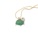 Ladies 18K Yellow Gold Emerald, Ruby and Diamond Turtle necklace